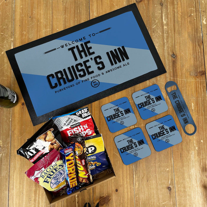 Personalised Home Bar Accessory Set - Bar Mat, Coasters, Bottle Opener & Pub Snacks