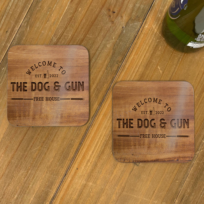 Personalised Bar Mat and Coasters Wood Accessories for a Home Bar