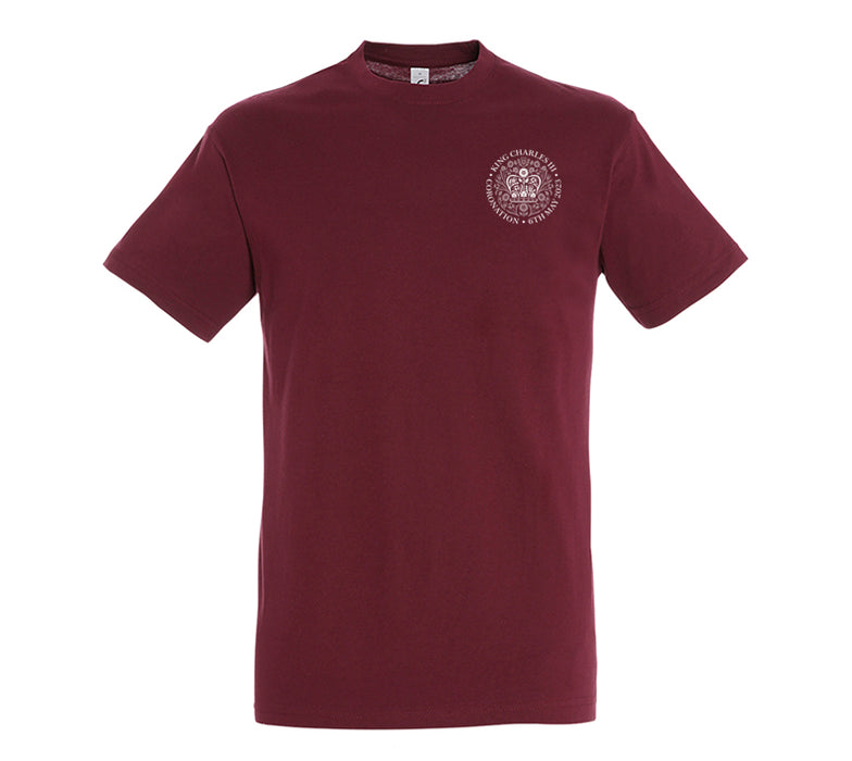 King Charles Coronation Emblem Embroidered Burgundy T-Shirt