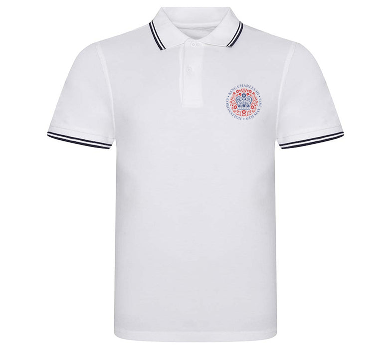 King Charles Coronation Emblem Embroidered White & Navy Polo Shirt